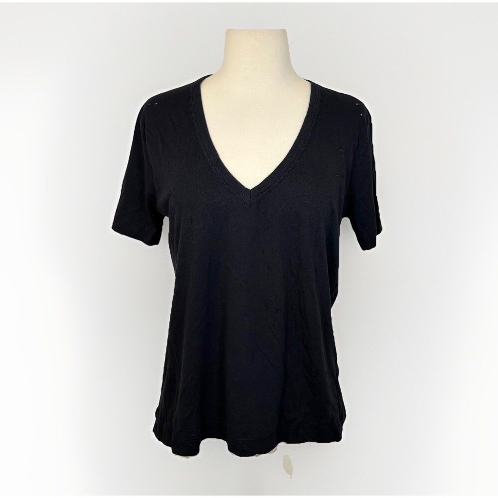 Zadig & Voltaire Wassa Holes Tee T-Shirt Size M Black V Neck Distressed Casual